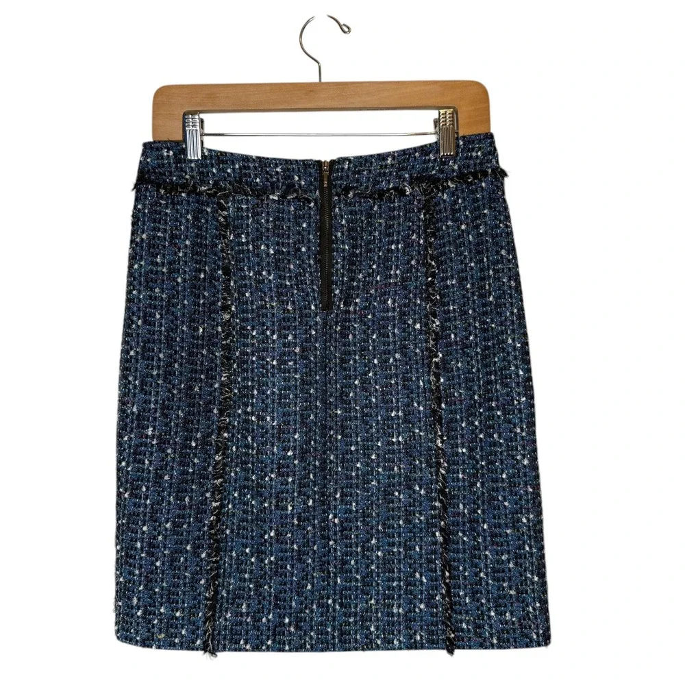 Tory Burch Tweed Pencil Skirt Blue Fringe‎ Trim Knee Length Wool Blend size 4